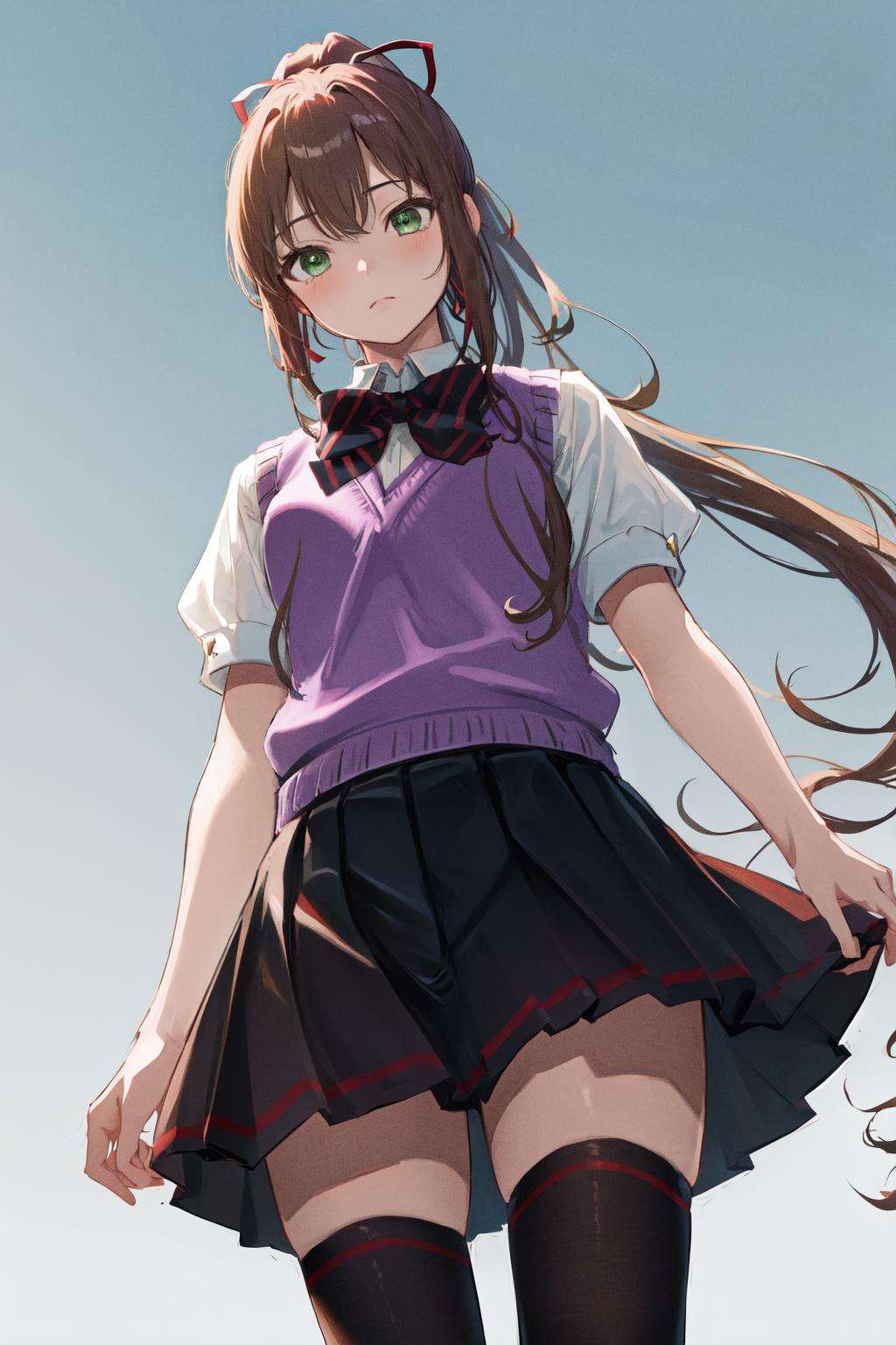 masterpiece, best quality, highres, 1girl kirasaka sayaka high ponytail hair ribbon, striped bowtie sweater vest white shirt short sleeves black skirt black thighhighs <lora:kirasaka_sayaka:1> standing, from below