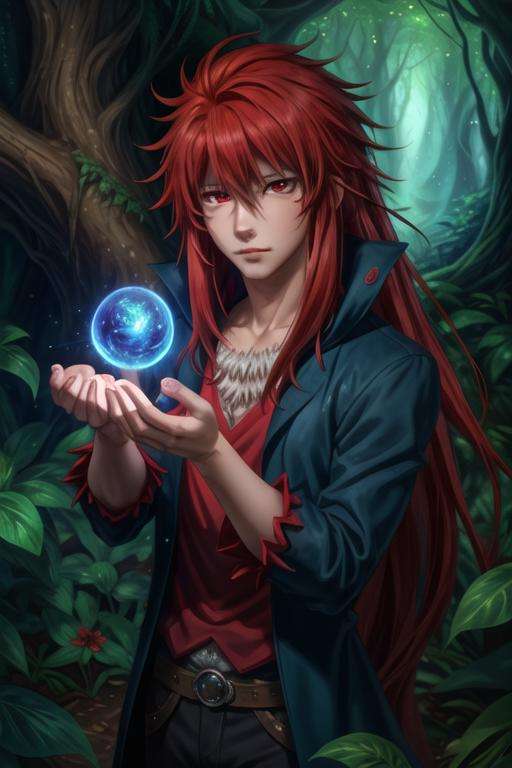masterpiece, best quality, game cg, 1boy, solo, male focus, looking at viewer, , , <lora:guy_crimson:0.72>, guy_crimson, red eyes, red hair, long hair, , , An enchanted forest where magical creatures and plants abound, High resolution
