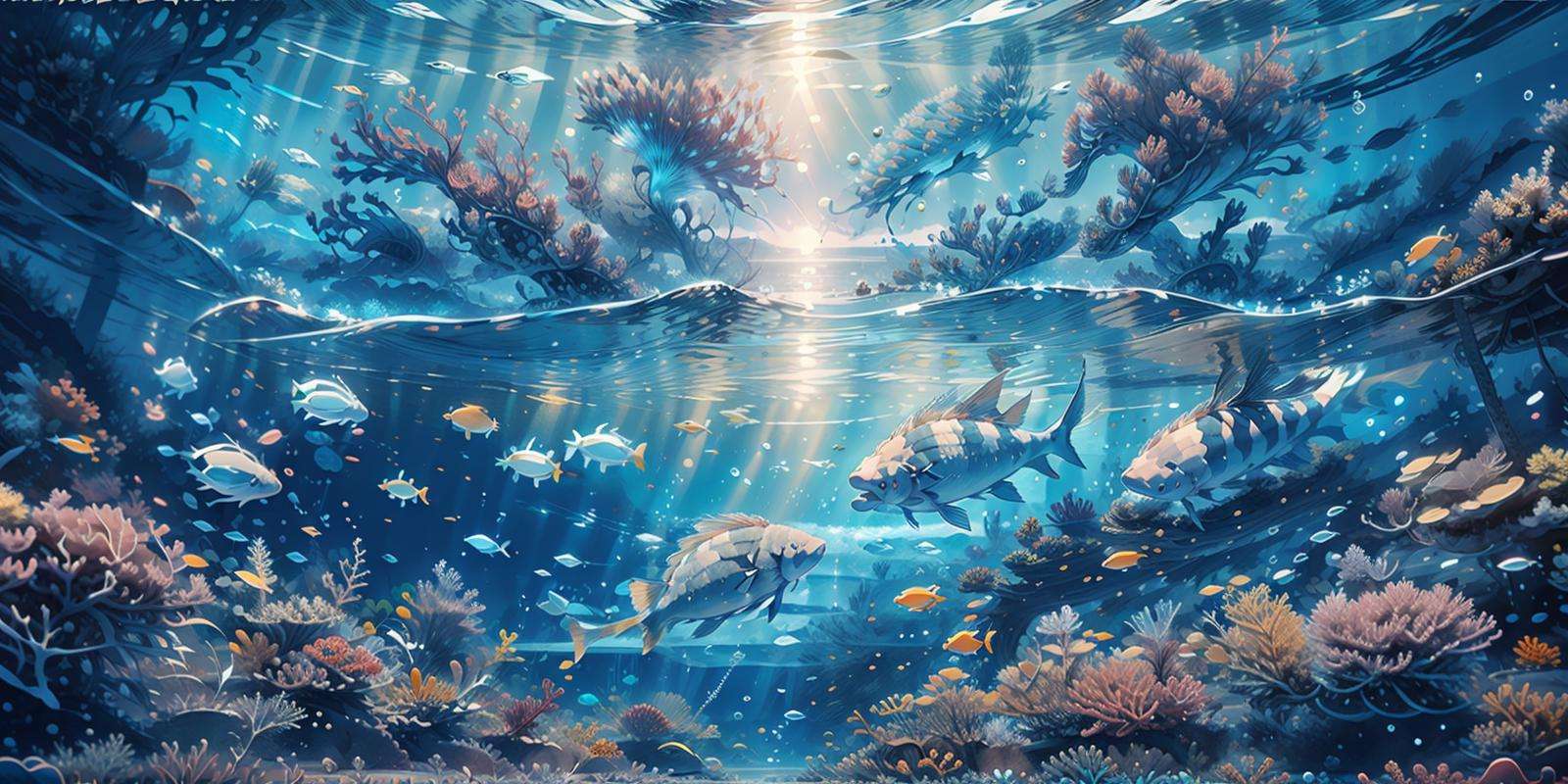 (masterpiece:1.2), best quality,PIXIV,cozy animation scenes,fish, scenery, letterboxed, underwater, watermark, blue theme, artist name, coral, bubble, 1girl, animal, air bubble, copyright name, water, jellyfish, fantasy, web address <lora:cozy animation scenes_20230824111332:1>