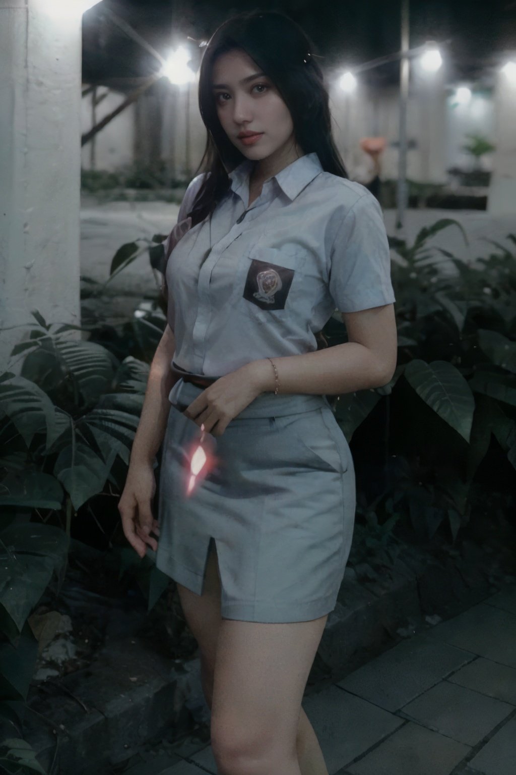 cinematic photo sm4c3w3k, white clothes,full body  photo of the most beautiful woman in the world wearing the sm4c3w3k, collared shirt,short sleeves, grey skirt, pocket,<lora:sm4c3w3k-05:0.8> , <lora:b4bi-02:1> . 35mm photograph, film, bokeh, professional, 4k, highly detailed