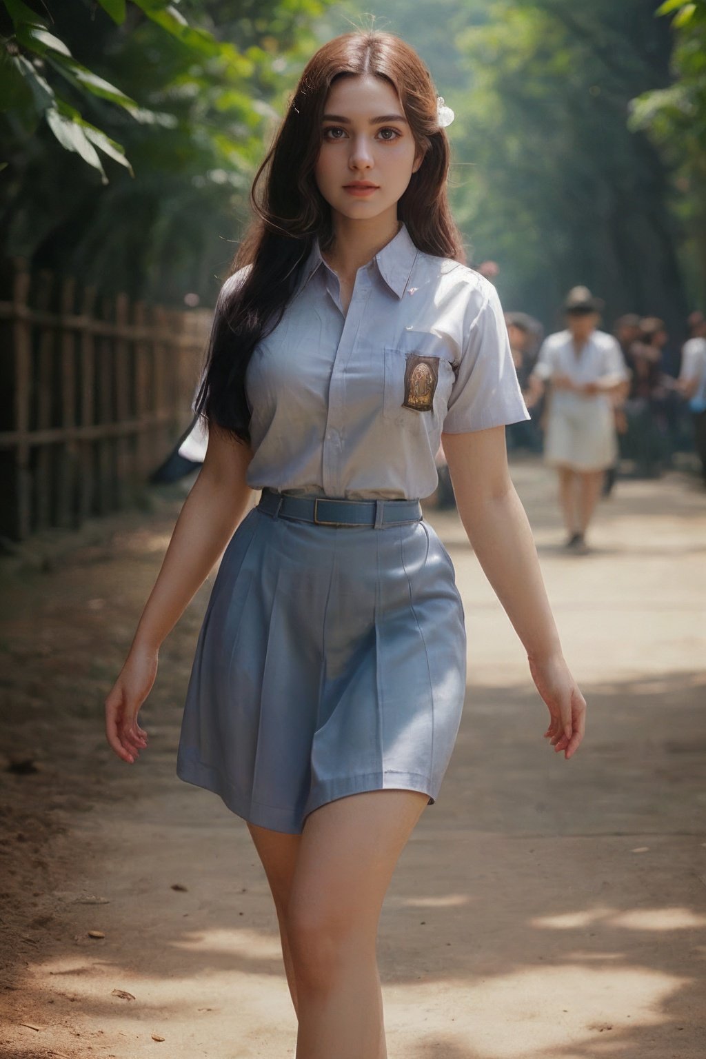 Hyperrealistic art cinematic photo ethereal fantasy concept art of sm4c3w3k, white clothes,full body  photo of the most beautiful bukub woman in the world wearing the sm4c3w3k, collared shirt,short sleeves, grey skirt, pocket,beautiful face,detail face,<lora:sm4c3w3k-05:1>  . magnificent, celestial, ethereal, painterly, epic, majestic, magical, fantasy art, cover art, dreamy . 35mm photograph, film, bokeh, professional, 4k, highly detailed . Extremely high-resolution details, photographic, realism pushed to extreme, fine texture, incredibly lifelike