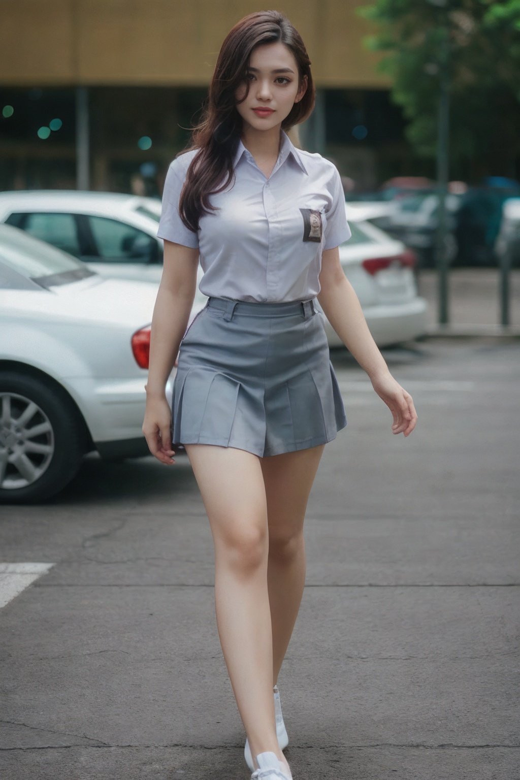 cinematic photo sm4c3w3k, white clothes,full body  photo of the most beautiful woman in the world wearing the sm4c3w3k, collared shirt,short sleeves, grey skirt, pocket,<lora:sm4c3w3k-05:0.8>  . 35mm photograph, film, bokeh, professional, 4k, highly detailed