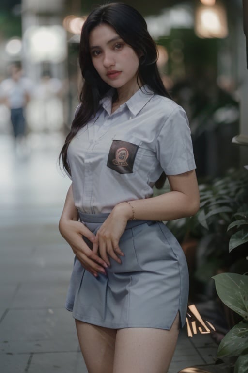 cinematic photo sm4c3w3k, white clothes,full body  photo of the most beautiful b4bi woman in the world wearing the sm4c3w3k, collared shirt,short sleeves, grey skirt, pocket,<lora:sm4c3w3k-05:0.8> , <lora:b4bi-02:1:0.8> . 35mm photograph, film, bokeh, professional, 4k, highly detailed