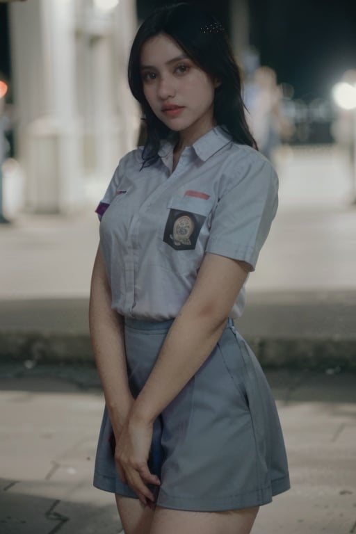 cinematic photo sm4c3w3k, white clothes,full body  photo of the most beautiful b4bi woman in the world wearing the sm4c3w3k, collared shirt,short sleeves, grey skirt, pocket,<lora:sm4c3w3k-05:0.8> , <lora:b4bi-02:1:0.8> . 35mm photograph, film, bokeh, professional, 4k, highly detailed