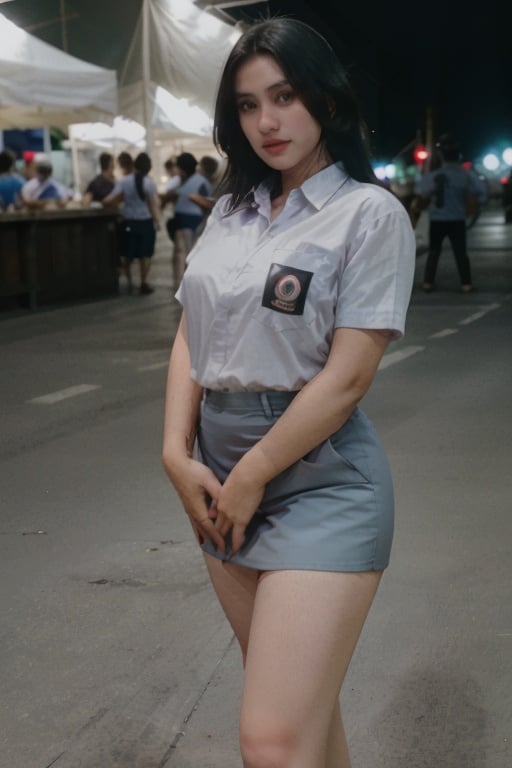 cinematic photo sm4c3w3k, white clothes,full body  photo of the most beautiful b4bi woman in the world wearing the sm4c3w3k, collared shirt,short sleeves, grey skirt, pocket,<lora:sm4c3w3k-05:0.8> , <lora:b4bi-02:1:0.8> . 35mm photograph, film, bokeh, professional, 4k, highly detailed