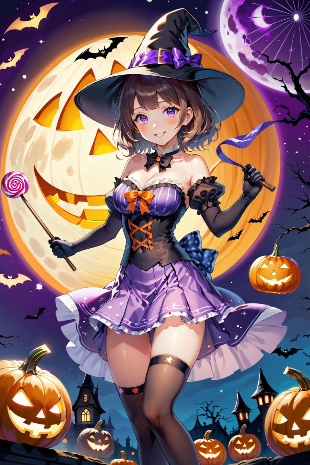 ultra-detailed,(best quality),((masterpiece)),(highres),original,extremely detailed 8K wallpaper,(an extremely delicate and beautiful),anime,momoko,\\,1girl, solo, candy, jack-o'-lantern, navel, black background, purple eyes, skirt, gloves, food, holding, breasts, long hair, witch hat, thighhighs, halloween bucket, brown hair, hat, cleavage, lollipop, candy wrapper, swirl lollipop, bow, standing on one leg, full body, looking at viewer, simple background, bare shoulders, halloween, elbow gloves, single thighhigh, pumpkin, purple skirt, wand, midriff, white gloves, detached sleeves, choker, star (symbol), holding wand, striped, staff, medium breasts, shoes, asymmetrical legwear, open mouth, holding staff, purple headwear, socks, bangs, black thighhighs, hat bow, single sock, purple footwear, smile, leg up, shirt, standing, crop top, hand up