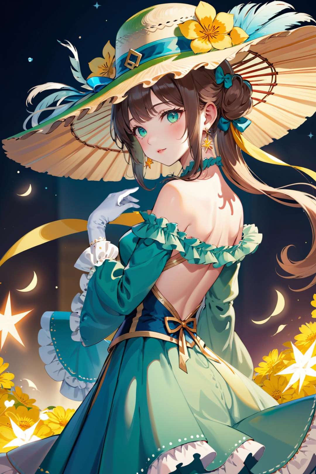 ultra-detailed,(best quality),((masterpiece)),(highres),original,extremely detailed 8K wallpaper,(an extremely delicate and beautiful),((detailed face)),beautiful detail eyes,anime,momoko,suga,;), detached sleeves, bare shoulders, simple background, backless outfit, sun hat, cross, holding, folding fan, from behind, back, skirt hold, frills, twisted torso, aqua dress, holding fan, flower, hat ribbon, blue dress, backless dress, frilled dress, bare back, white headwear, medium breasts, jewelry, bangs, ribbon, butt crack, star (symbol), closed mouth, blush, hat flower, long dress, cleavage, gloves, strapless dress, fur trim, necklace, strapless, long sleeves, hat feather, gown, feathers, standing, medium hair, bow, long hair, paper fan, green headwear, cowboy shot, puffy sleeves, alternate costume, artist name, copyright name, sideboob, sparkle, circle skirt, cross necklace, dress lift, hat ornament, feather boa, skirt, detached collar, dancing, gem, green eyes, from side, company name, hair ornament, eye mask, hat bow, mouth mask, open mouth, shoulder blades, animal ears, plume, green ribbon, frilled sleeves, green gloves, watermark, tight, pantylines, blue ribbon, dark background, huge ass, aqua eyes, bad anatomy, nail polish, clothes lift, yellow ribbon, earrings, covered nipples, signature, brown hair, impossible clothes, elbow gloves, long skirt, petticoat, ass focus, dimples of venus