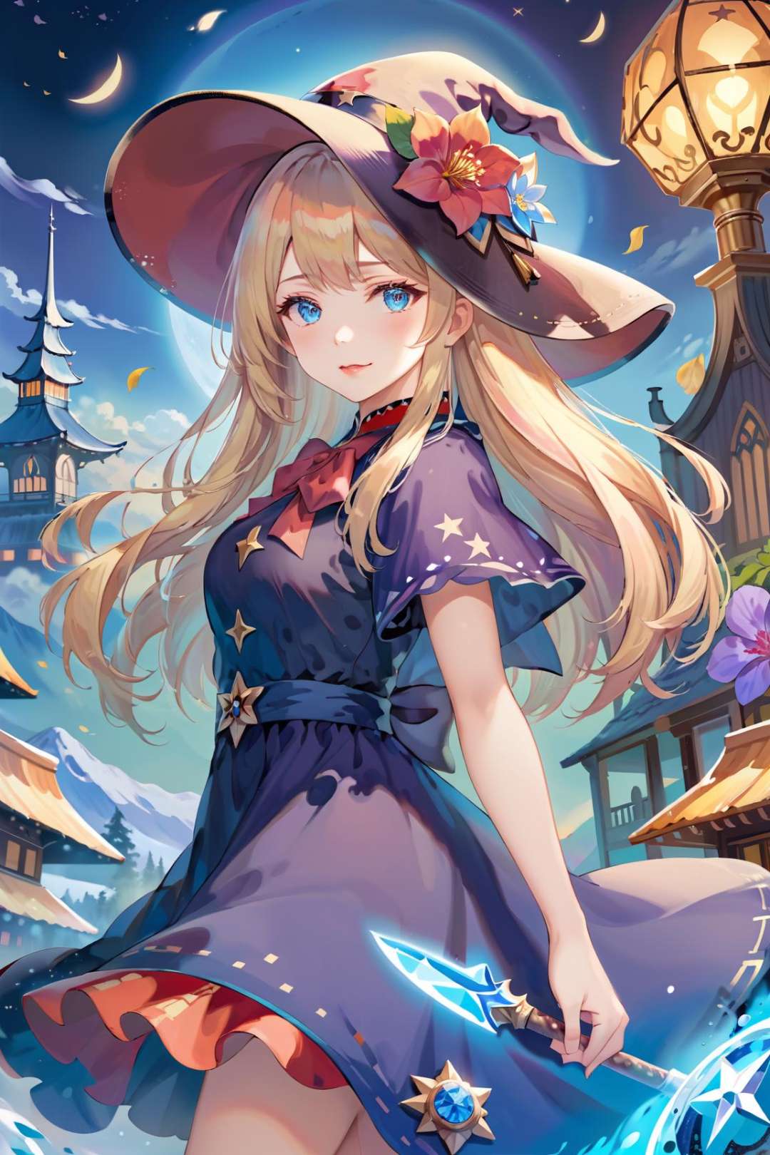 ultra-detailed,(best quality),((masterpiece)),(highres),original,extremely detailed 8K wallpaper,(an extremely delicate and beautiful),anime,momoko,\\,Navia \(genshin impact\), 1girl, hat, blue eyes, long hair, solo, dress, looking at viewer, blonde hair, witch hat, bangs, flower, drill hair, smile, hat flower, gold rudder shape decoration at the waist, dark red lipstick and eyeshadow,four-pointed star in eye<lora:torino_xl:0.7>