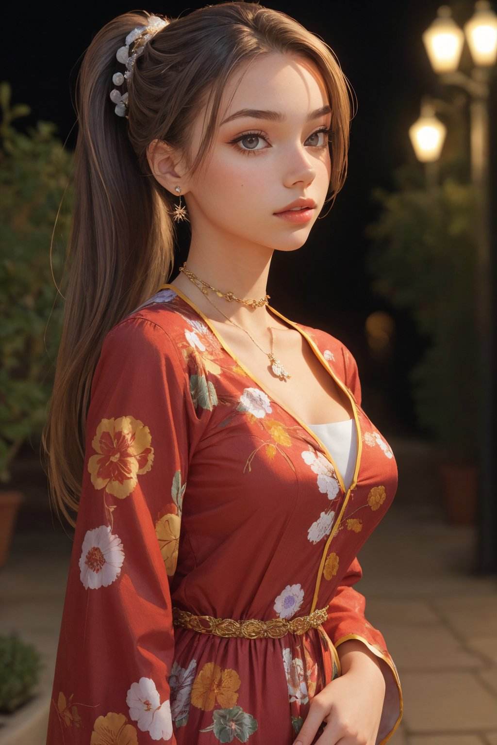 (eye level, closeup on face:1.2) photo of <lora:HaileyGrice_v1:0.9> HaileyGrice, she is wearing vietnamese dress, she is wearing belly chain, her hair is styled as french braid ponytail, BREAK she is (in the courtyard:1.1), candlelight, shot on Canon EOS 5D, smooth background bokeh, Fujicolor Pro , in the style of David LaChapelle