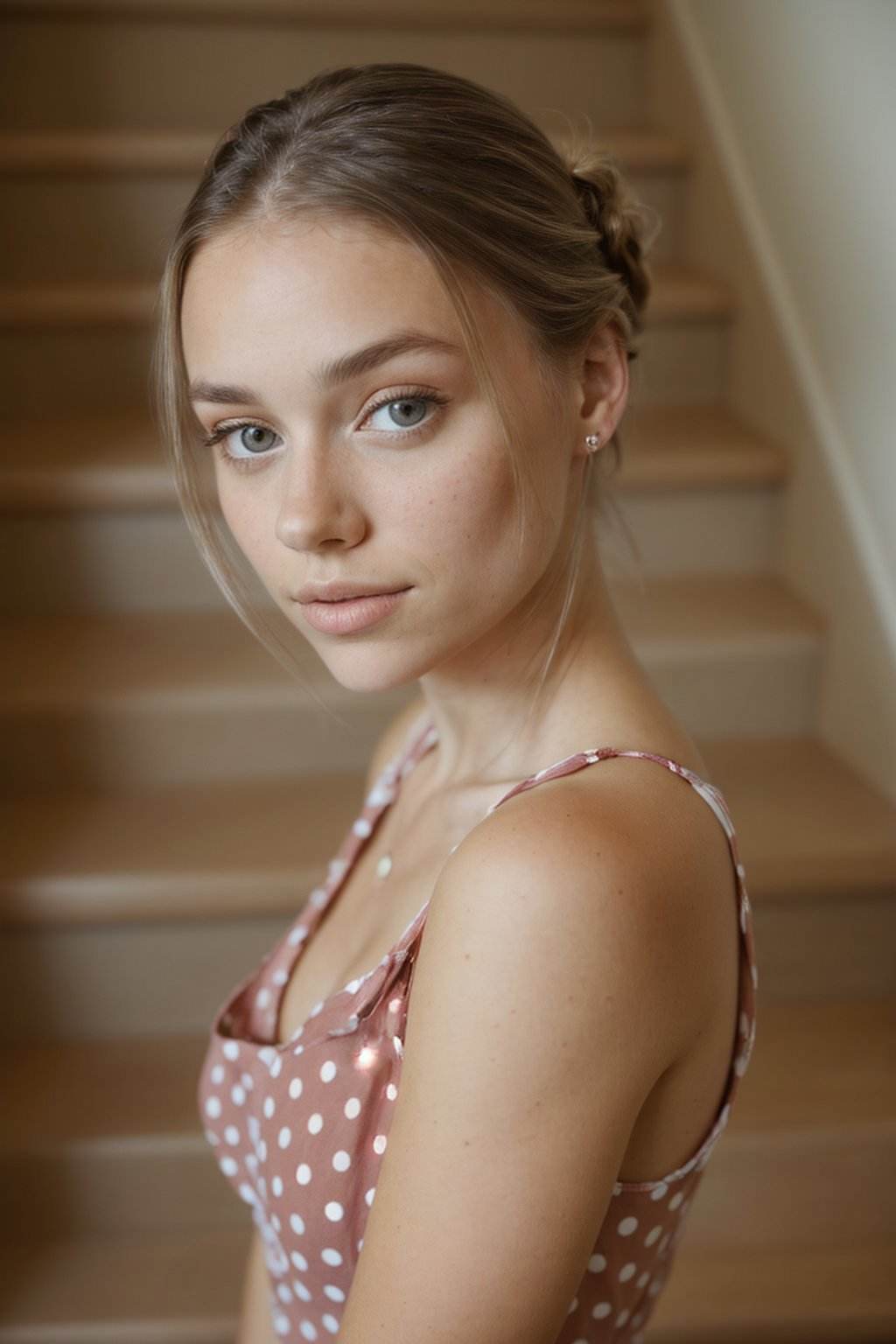 (from below, closeup on face:1.2) photo of <lora:HaileyGrice_v1:0.9> HaileyGrice, she is wearing polka dot tank top , she is wearing badge, her hair is styled as milkmaid braid, BREAK she is (in the staircase:1.1), low key lighting, shot on Lumix GH5, cinematic bokeh, Voigtländer Nokton 50mm f1.1 ,technicolor,