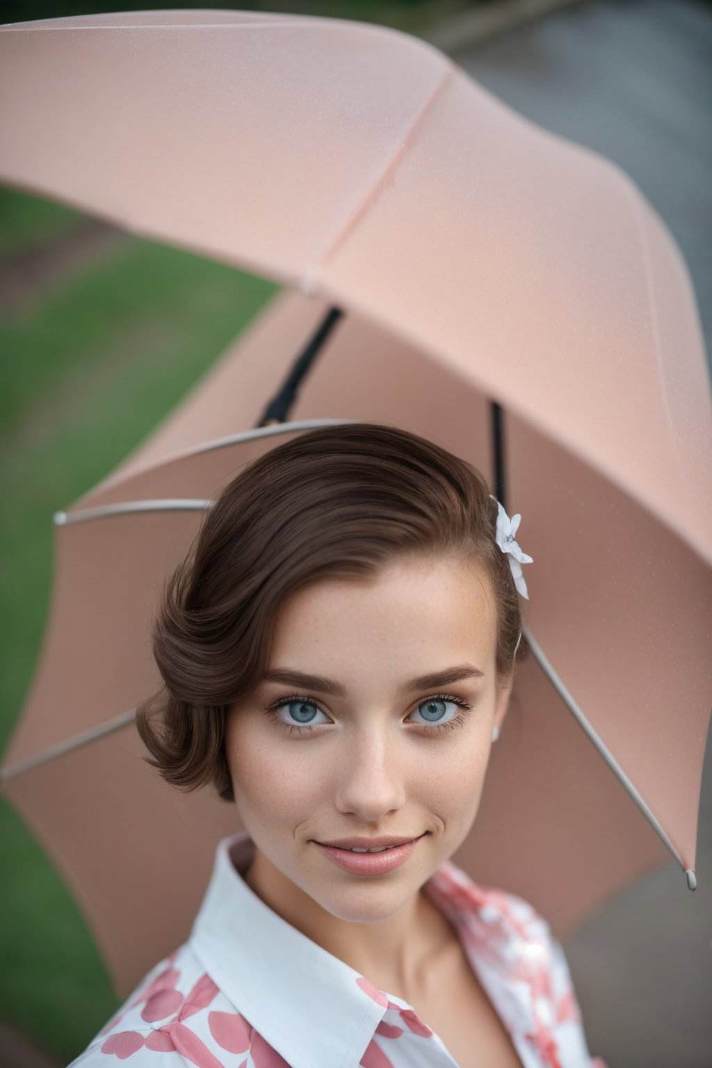 (from above, headshot:1.2) photo of <lora:HaileyGrice_v1:0.9> HaileyGrice, she is wearing sailor dress , she is wearing corsage, her hair is styled as short shag hair, BREAK she is (under an umbrella in the rain:1.1), direct flash photography, shot on Canon EOS 5D, smooth background bokeh, sepia tone,8mm fisheye lens ,Kodak Vision3 IMAX ,