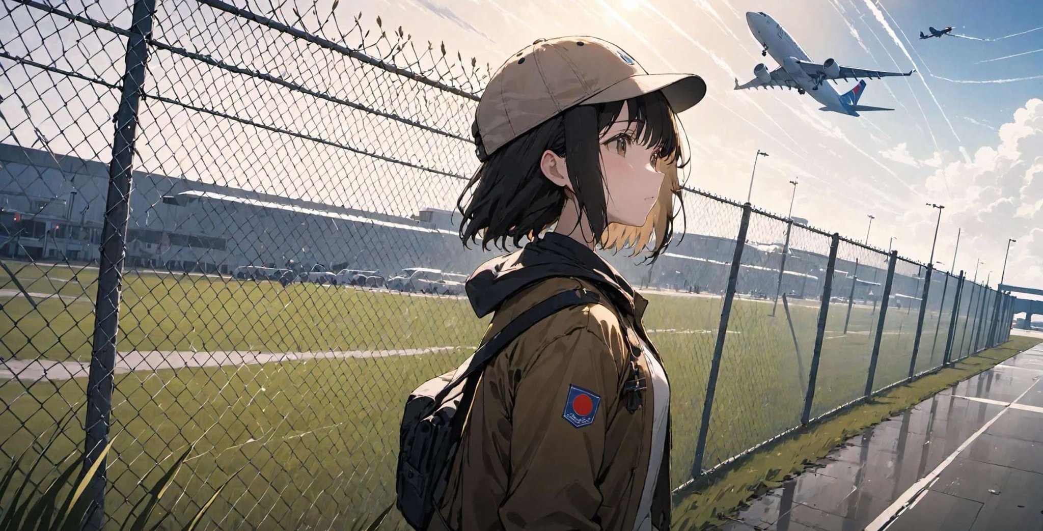 (dutch angle:1.2),  masterpiece, best quality, (chain-link fence:1.3), 1girl, solo, airport, plane, contrail, outdoors, dry grass, black hair, brown jacket, white baseball cap , floating hair, cinematic angle