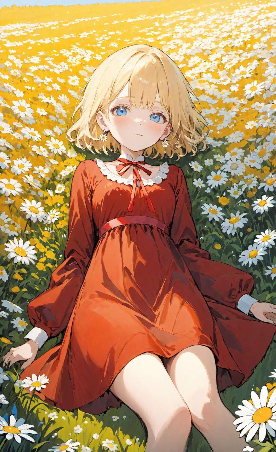 1girl lying,  in a field of flowers, red dress, white flower,  earrings, looking at viewer, blue eyes, red ribbon, necklace, long sleeves, blonde hair, short hair, daisy