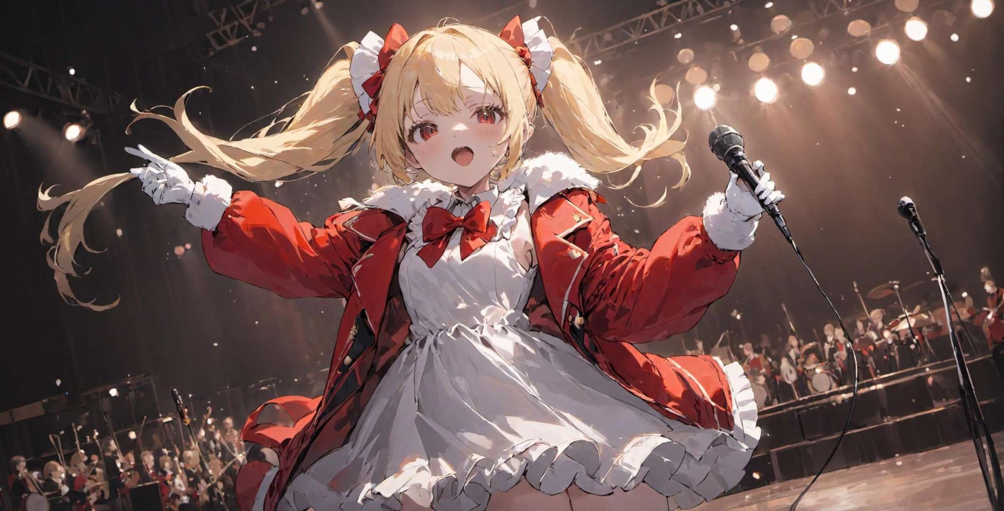 depth of field, masterpiece, best quality, 1girl, solo focus, face foucus, holding microphone, music, red jacket, white dress, thighhighs, white gloves, red bow, dress, blonde hair, twintails, concert, floating hair