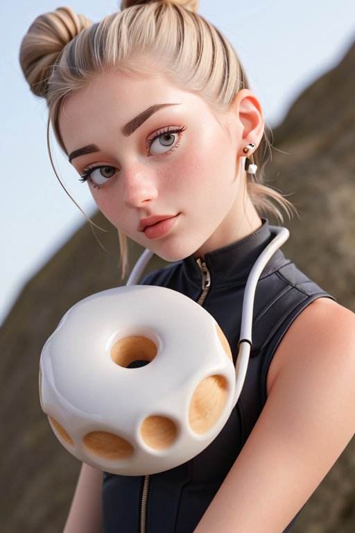 (low angle, close up on face:1.2) photo of         <lora:GeorgiaEllenwood_v1:0.9> GeorgiaEllenwood,        she is wearing hev suit          ,        her hair is styled as doughnut bun,        she is wearing earrings,        BREAK she is (at the top of a mountain:1.1),        direct flash photography,