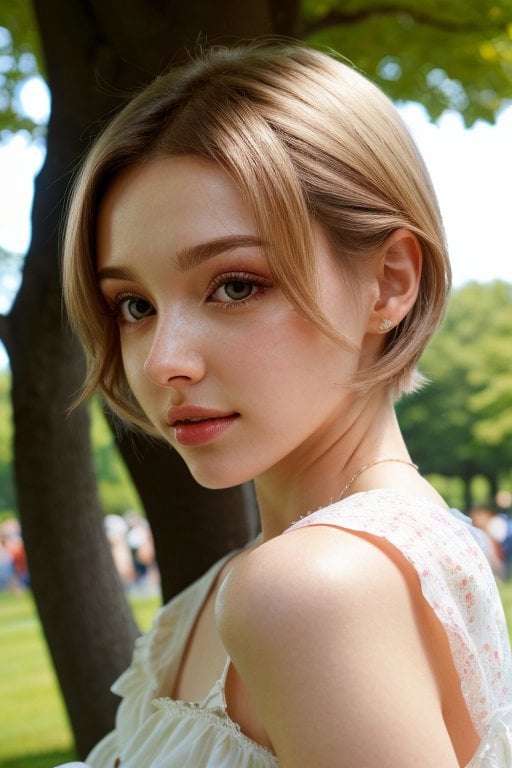 (low angle, close up on face:1.2) detailed photo of          <lora:ElinaKarimova_v2:1> ElinaKarimova,         she has natural looking skin,        she is wearing a summer dress,        her hair is styled as short shag hair,        she is wearing ascot,        BREAK she is (sitting under a tree:1.1),        cinematic lighting,