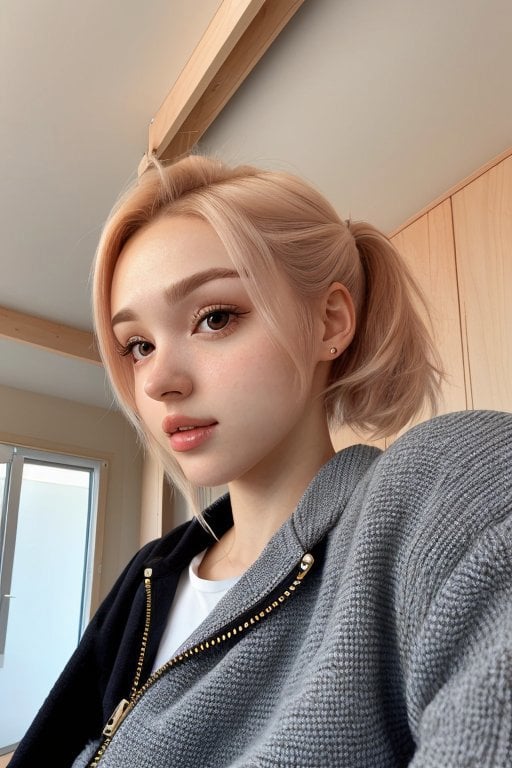 (low angle, head shot:1.2) photo of          <lora:ElinaKarimova_v2:0.8> ElinaKarimova,        she is wearing penguin costume          ,        her hair is styled as undercut hair,        she is wearing zipper,        BREAK she is (in the granny flat:1.1),        warm golden hour lighting,