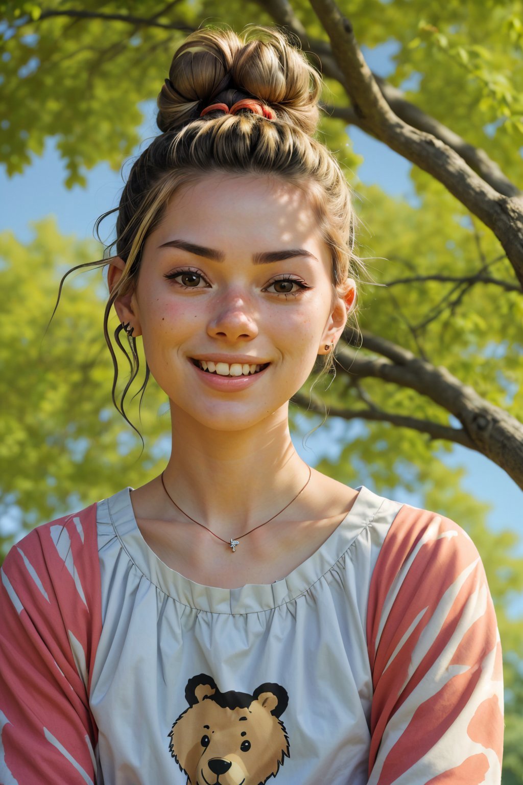 (from below, closeup on face:1.2) photo of <lora:GeorgiaEllenwood_v3:.9> GeorgiaEllenwood,smiling,she is wearing bear print sukajan,she is wearing earclip,her hair is styled as curly bun,BREAK she is (sitting under a tree:1.1),creative shadow play,Agfa Vista,50mm,technicolor,