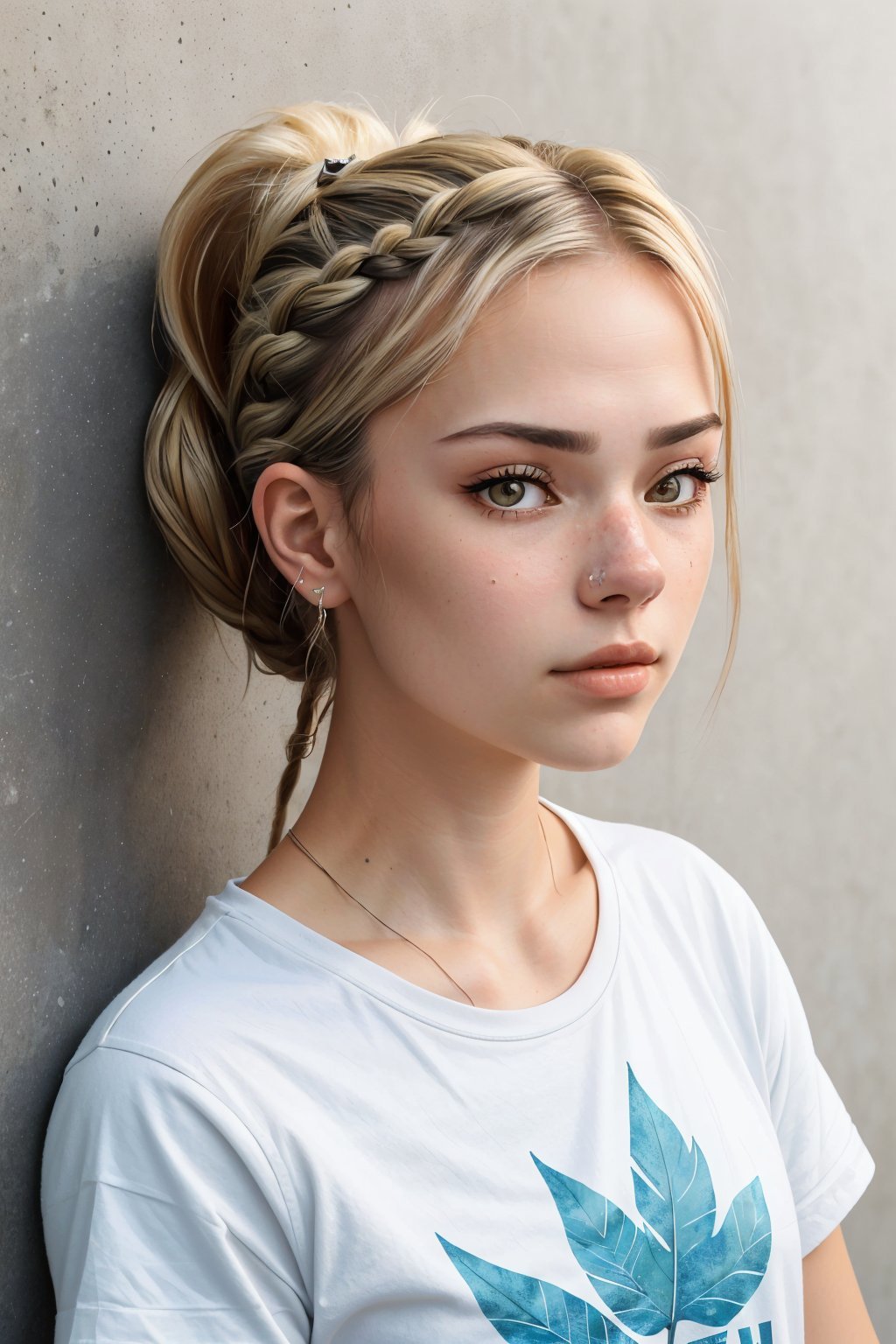 (high angle, closeup on face:1.2) photo of <lora:GeorgiaEllenwood_v3:.9> GeorgiaEllenwood,she is wearing maple leaf print t-shirt,she is wearing feather boa,her hair is styled as French braid ponytail,BREAK she is (leaning on a wall:1.1),light beams streaming through haze,shot on Fujifilm X-T4,