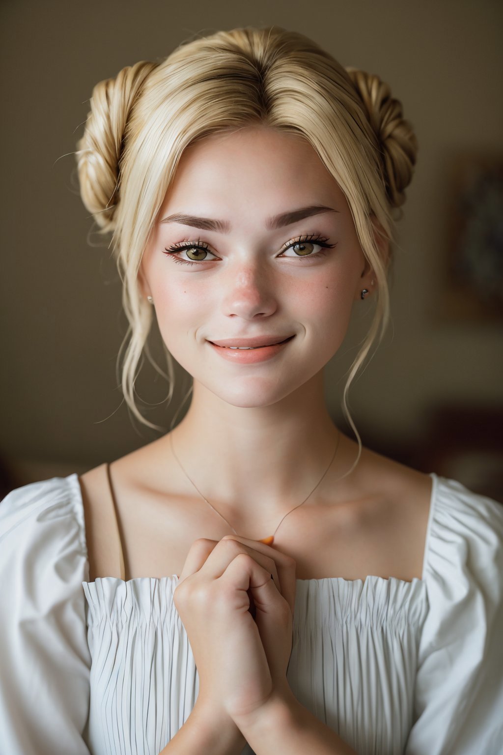 (eye level, closeup on face:1.2) photo of <lora:GeorgiaEllenwood_v3:.9> GeorgiaEllenwood,smiling,she is wearing sailor dress,she is wearing bridal gauntlets,her hair is styled as doughnut bun,BREAK she is (in the family room:1.1),hash flash lighting,Voigtländer Nokton 50mm f1.1,underexposed,fine film grain,