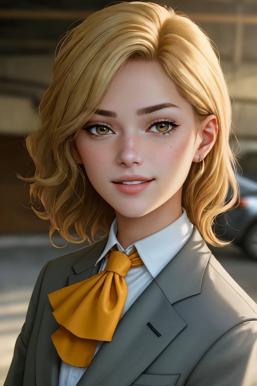 (eye level, closeup on face:1.2) photo of <lora:GeorgiaEllenwood_v3:.9> GeorgiaEllenwood,smiling,she is wearing business suit,she is wearing ascot,her hair is styled as curly lob,BREAK she is (in the garage:1.1),soft natural lighting,technicolor,Voigtländer Nokton 50mm f1.1,shot on Bolex H16,