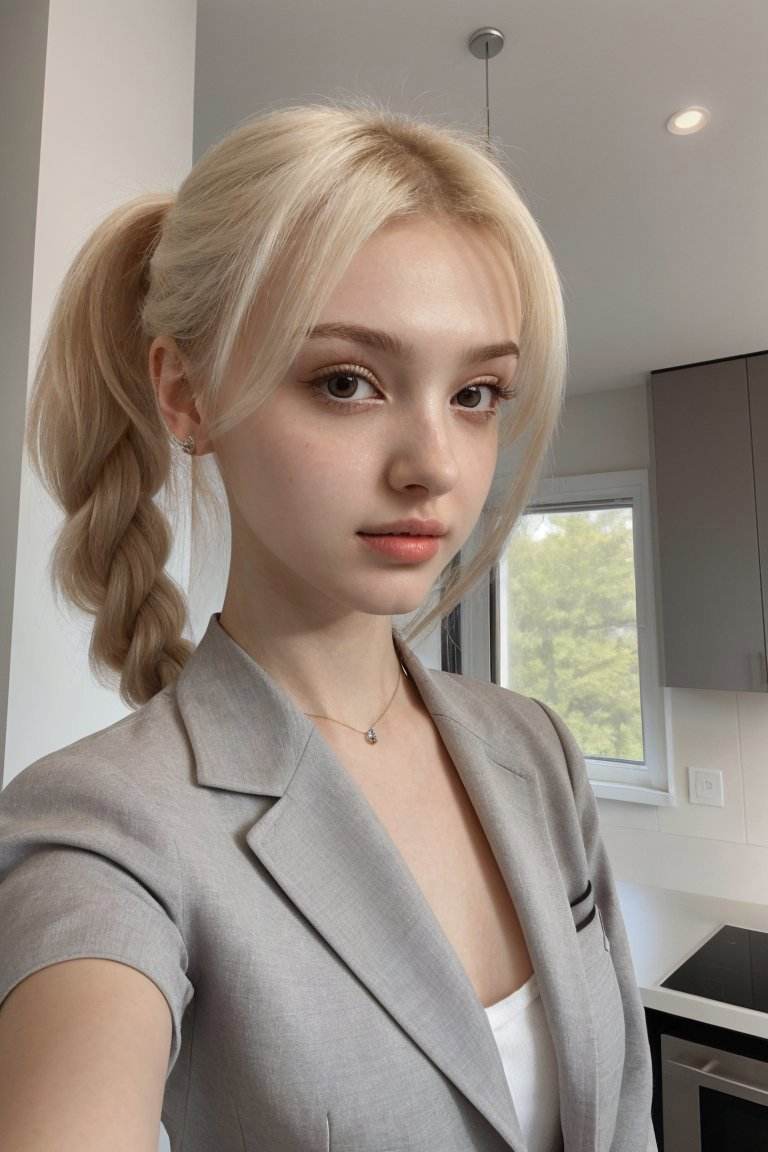 (from below, head shot:1.2) photo of   <lora:ElinaKarimova_v3:0.9> ElinaKarimova,        she is wearing business suit          ,        her hair is styled as french braid ponytail,        she is wearing pocket watch,        BREAK she is (in the kitchen:1.1),        silhouetted against the bright sky,