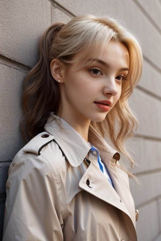 (low angle, close up on face:1.2) photo of <lora:ElinaKarimova_v3:.9> ElinaKarimova,        she is wearing  short shorts and morning glory print trench coat          ,        her hair is styled as Straight Sleek and Wavy,        she is wearing hairpin,        BREAK she is (leaning on a wall:1.1),        soft fill lighting,