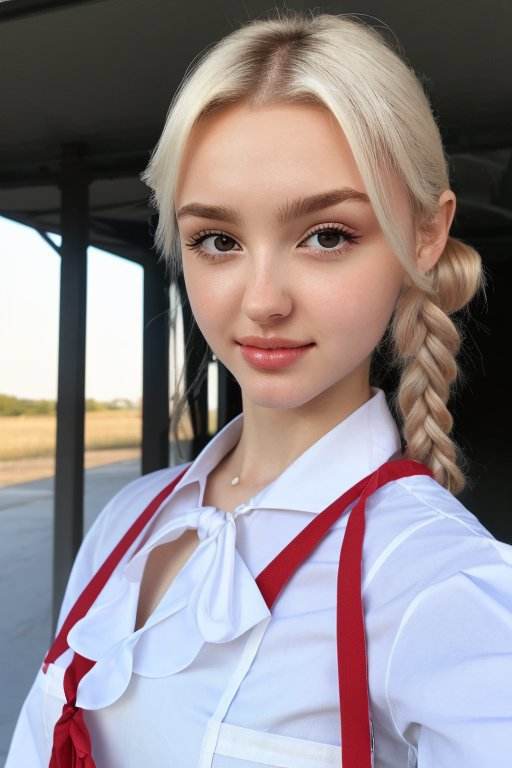 (eye level, close up on face:1.2) photo of <lora:ElinaKarimova_v3:.9> ElinaKarimova,        she is wearing apron          ,        her hair is styled as twist braid,        she is wearing neckerchief,        BREAK she is (in the garage:1.1),        silhouetted against the bright sky,