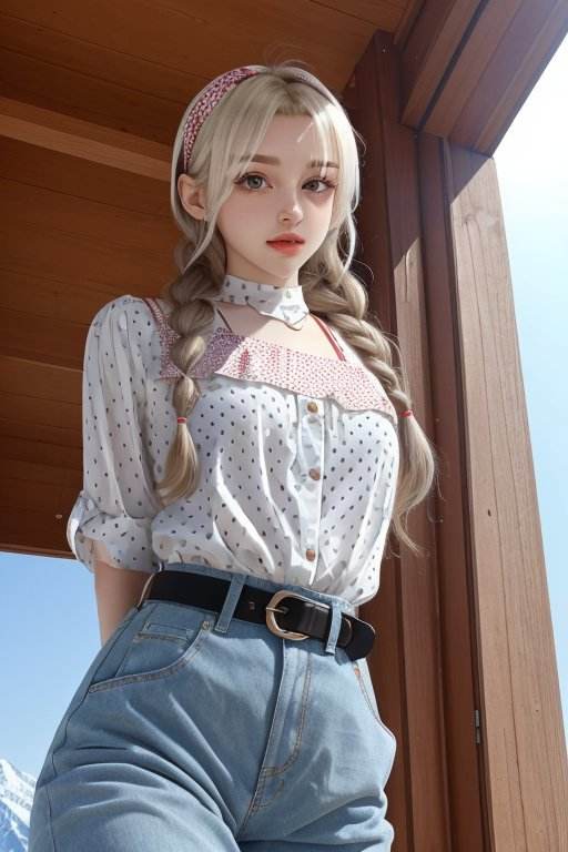 (from below, head shot:1.2) photo of <lora:ElinaKarimova_v3:.9> ElinaKarimova,        she is wearing  bell-bottoms and polka dot halterneck          ,        her hair is styled as fishtail braid headband,        she is wearing belt,        BREAK she is (at the top of a mountain:1.1),        light beams streaming through haze,