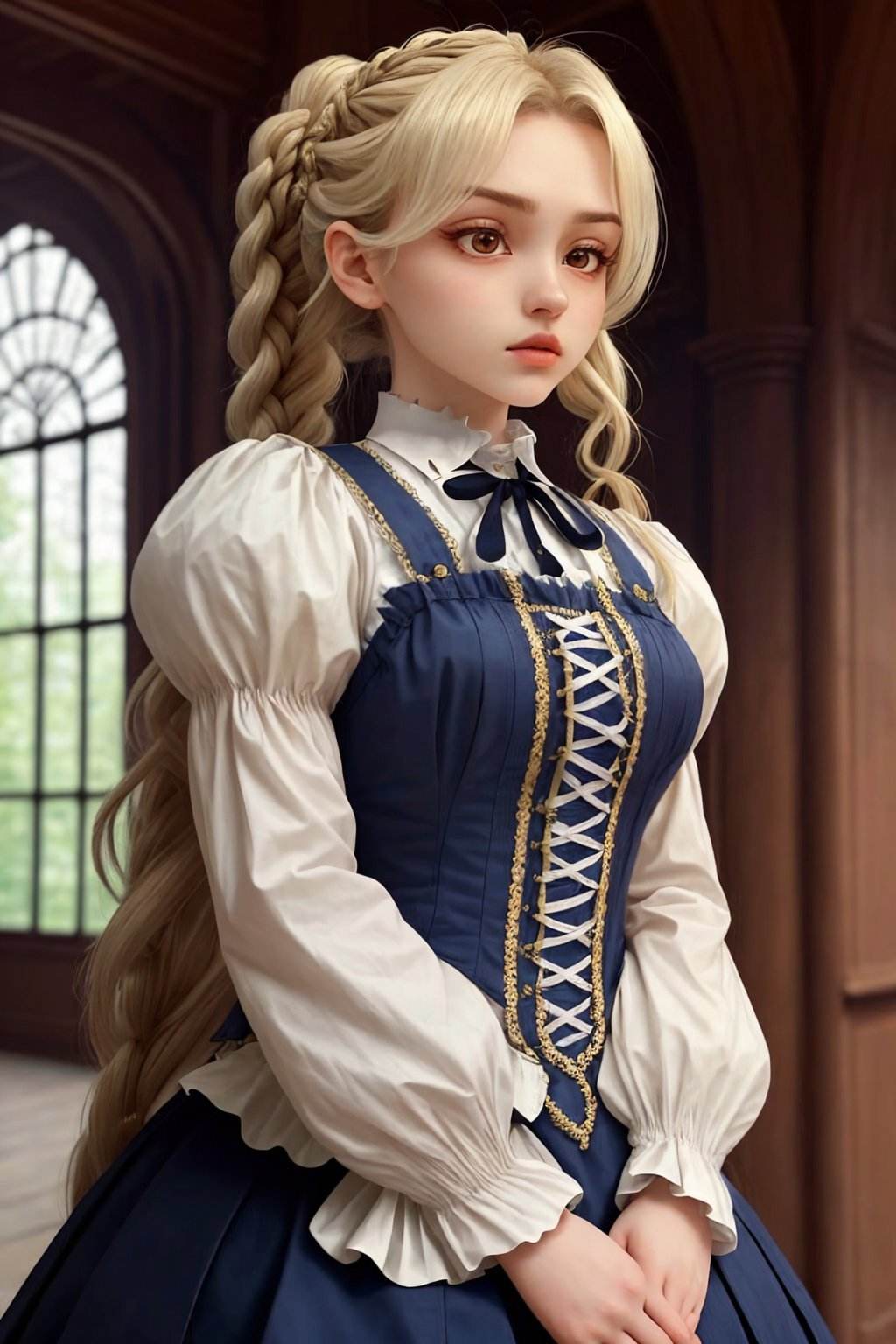 upper body photo of <lora:ElinaKarimova_v4:0.9> ElinaKarimova, focus on face, wearing victorian clothing , her hair is styled as dutch waterfall braid,