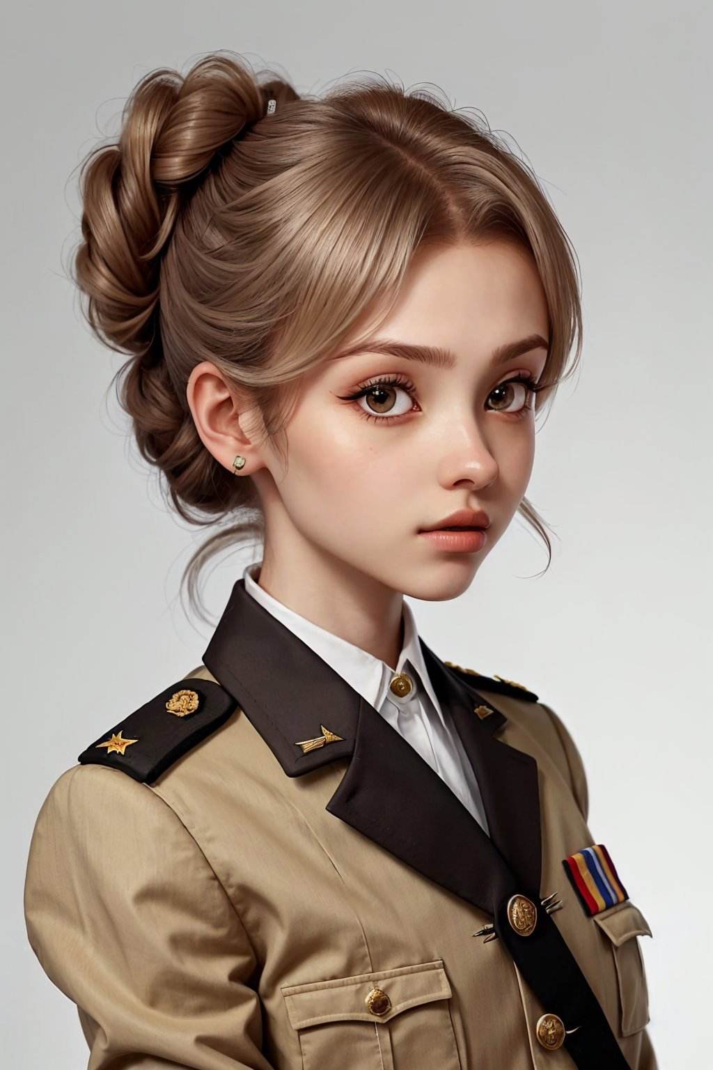 portrait photo of <lora:ElinaKarimova_v4:0.9> ElinaKarimova, focus on face, wearing a military uniform , her hair is styled as loose chignon,