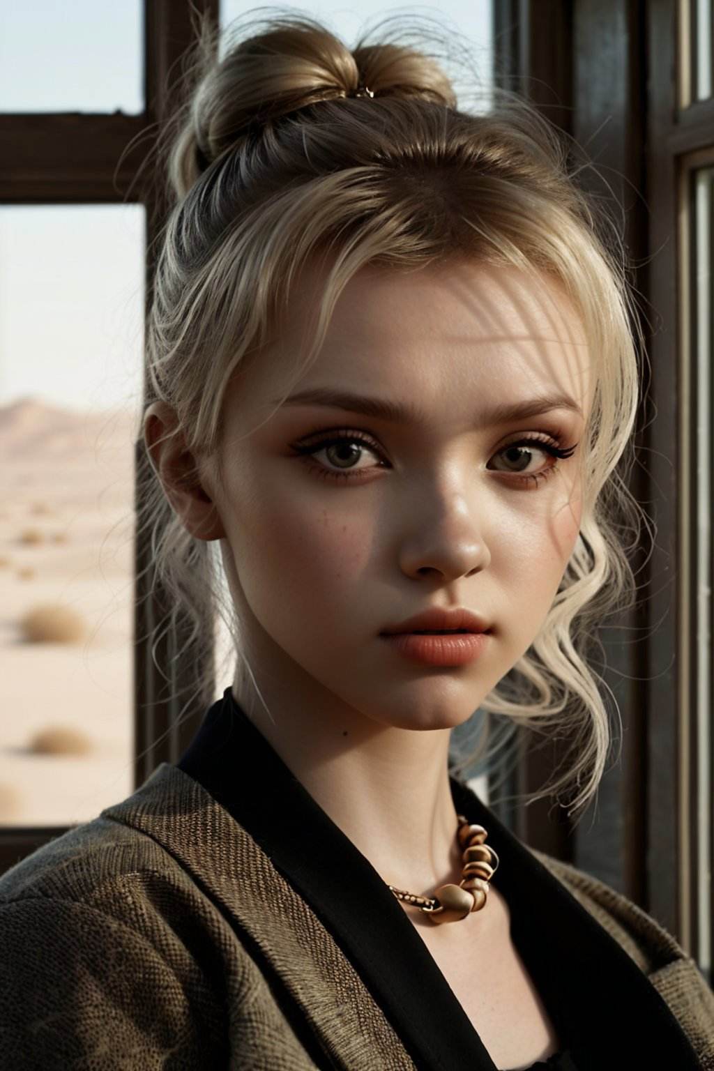 (eye level, closeup on face:1.2) photo of <lora:ElinaKarimova_v4:0.9> ElinaKarimova, she is wearing Undone sarashi, she is wearing spiked bracelet, her hair is styled as messy top knot, BREAK she is (in the desert:1.1), silhouetted against the window, desaturated grunge filter,shot on Rolleiflex ,