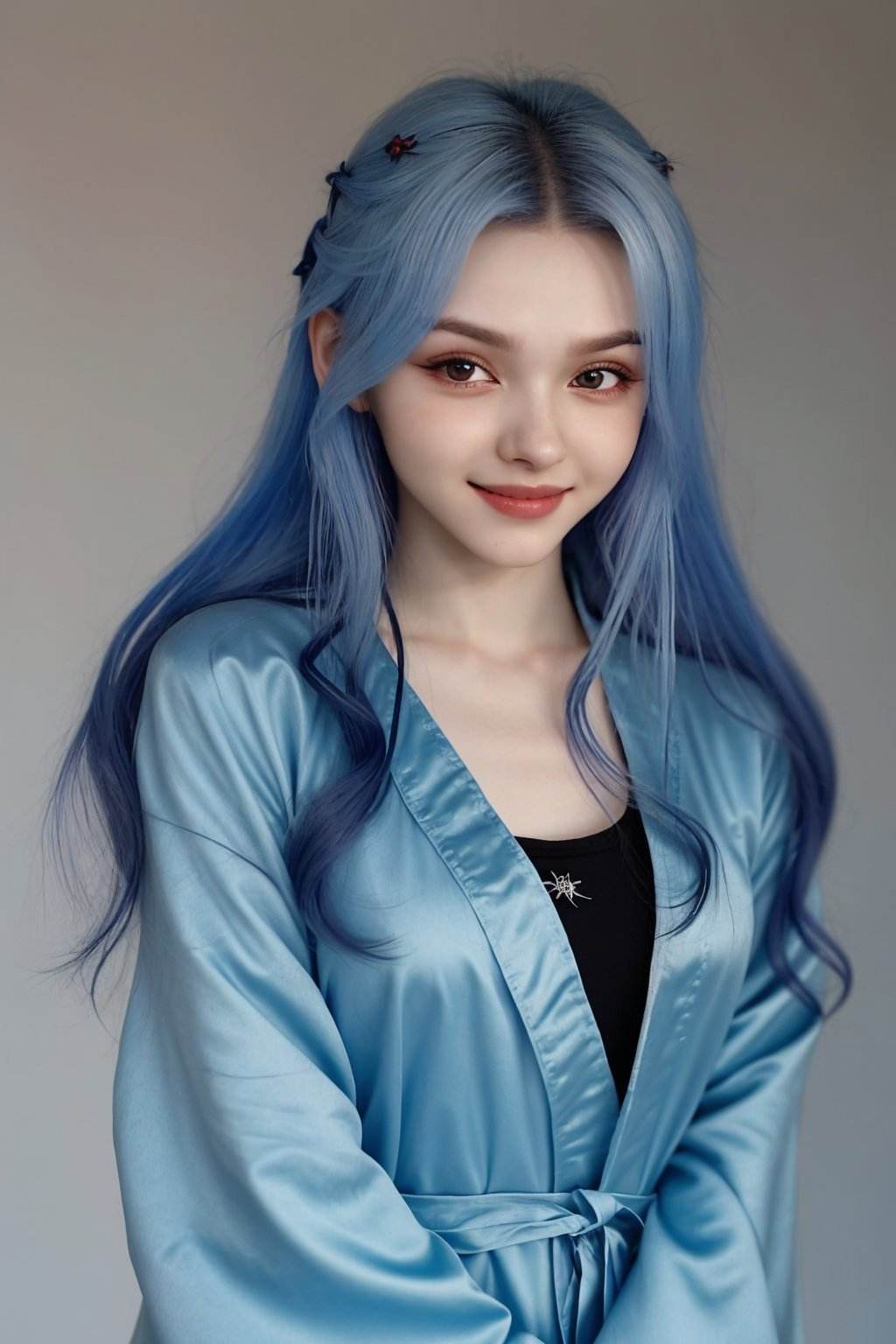 headshot photo of <lora:ElinaKarimova_v4:0.9> ElinaKarimova, focus on smiling face, wearing a mage robe , her Glaucous Blue hair is styled as messy half-up half-down,