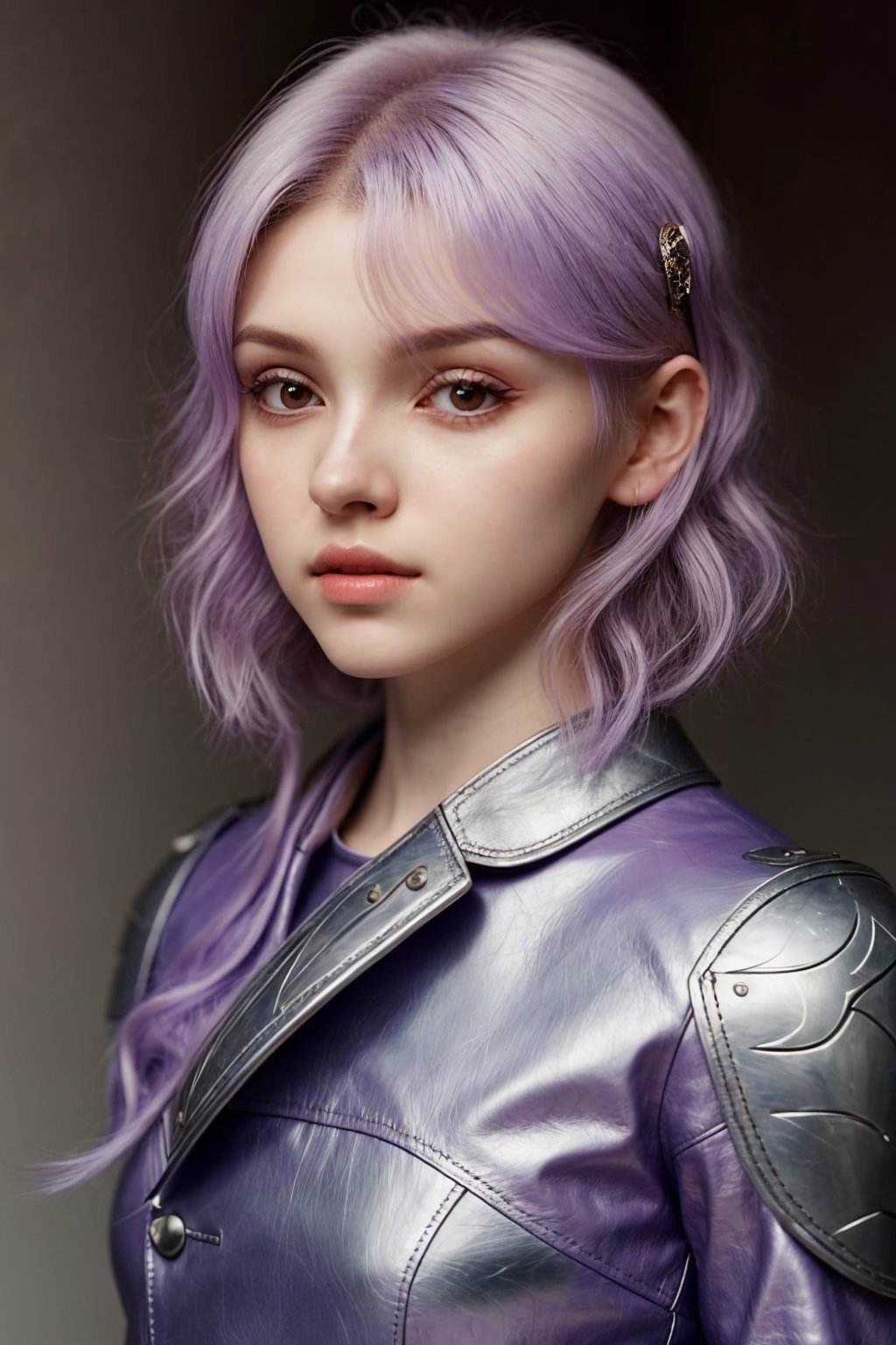 headshot photo of <lora:ElinaKarimova_v4:0.9> ElinaKarimova, focus on face, wearing leather armor , her pale lavender color hair is styled as Curly Lob,