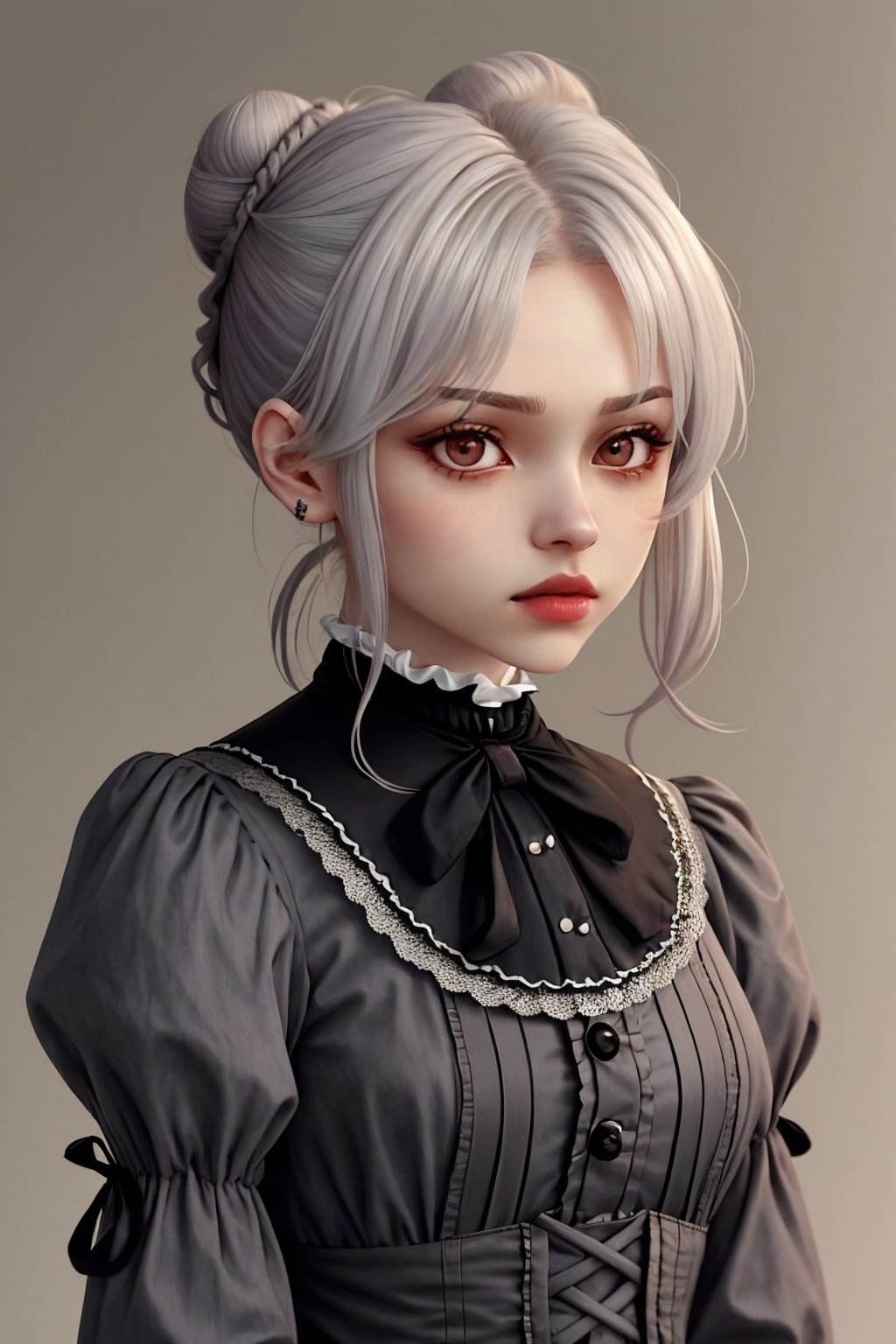 portrait photo of <lora:ElinaKarimova_v4:0.9> ElinaKarimova, focus on face, wearing victorian clothing , her ashen color hair is styled as Straight Low Twisted Bun,