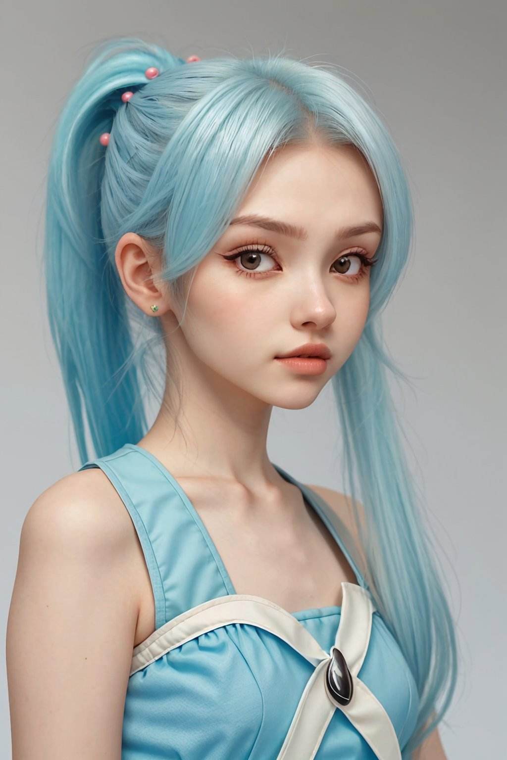 headshot photo of <lora:ElinaKarimova_v4:0.9> ElinaKarimova, focus on face, wearing conservative clothing , her robin egg blue color hair is styled as side ponytail,