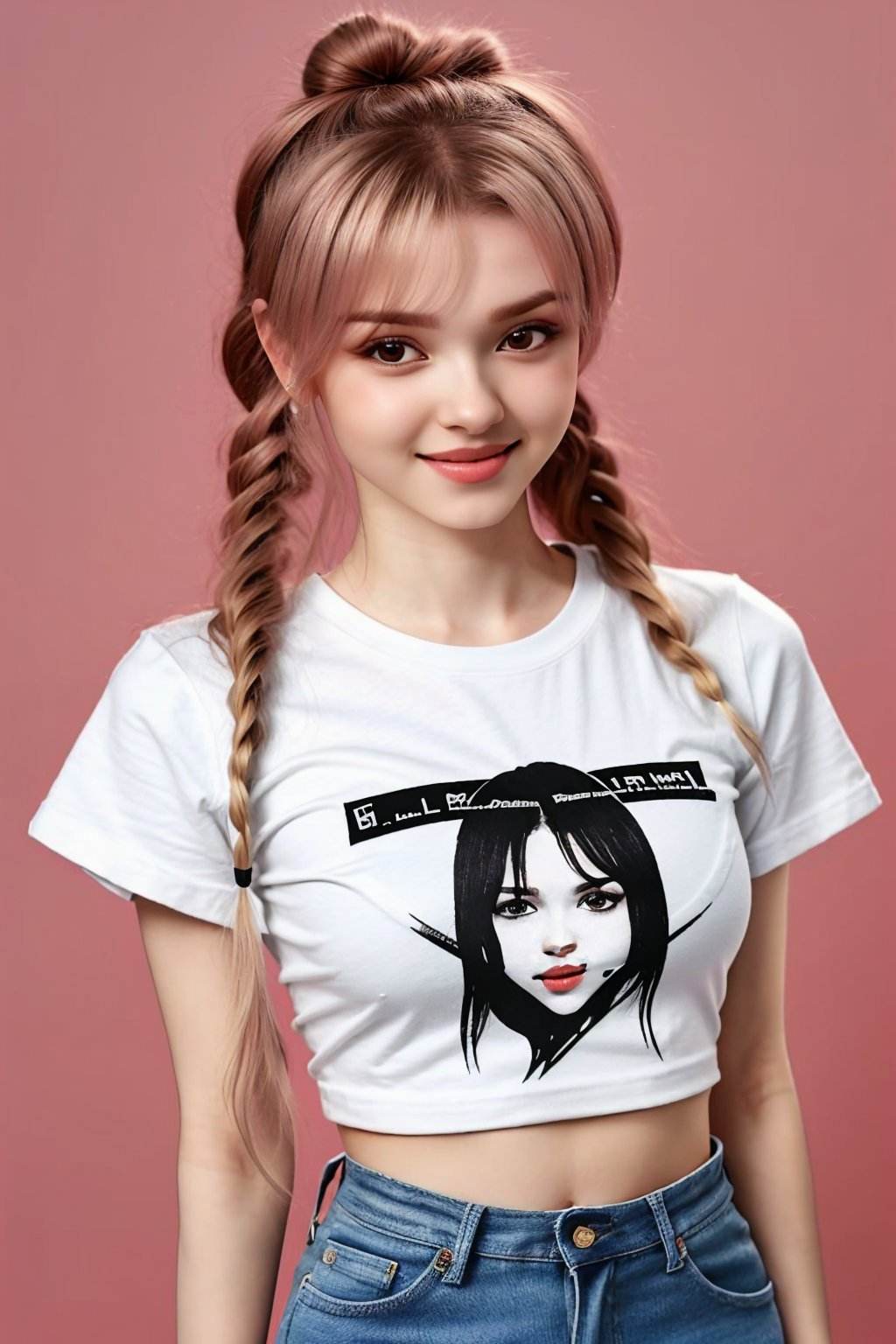 upper body photo of <lora:ElinaKarimova_v4:0.9> ElinaKarimova, focus on smiling face, wearing a tshirt and jeans , her hair is styled as Straight Top Knot with Bangs,