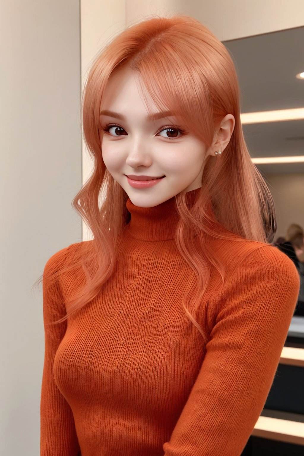 upper body photo of <lora:ElinaKarimova_v4:0.9> ElinaKarimova, focus on smiling face, wearing a turtleneck , her copper-orange color hair is styled as layered cut,