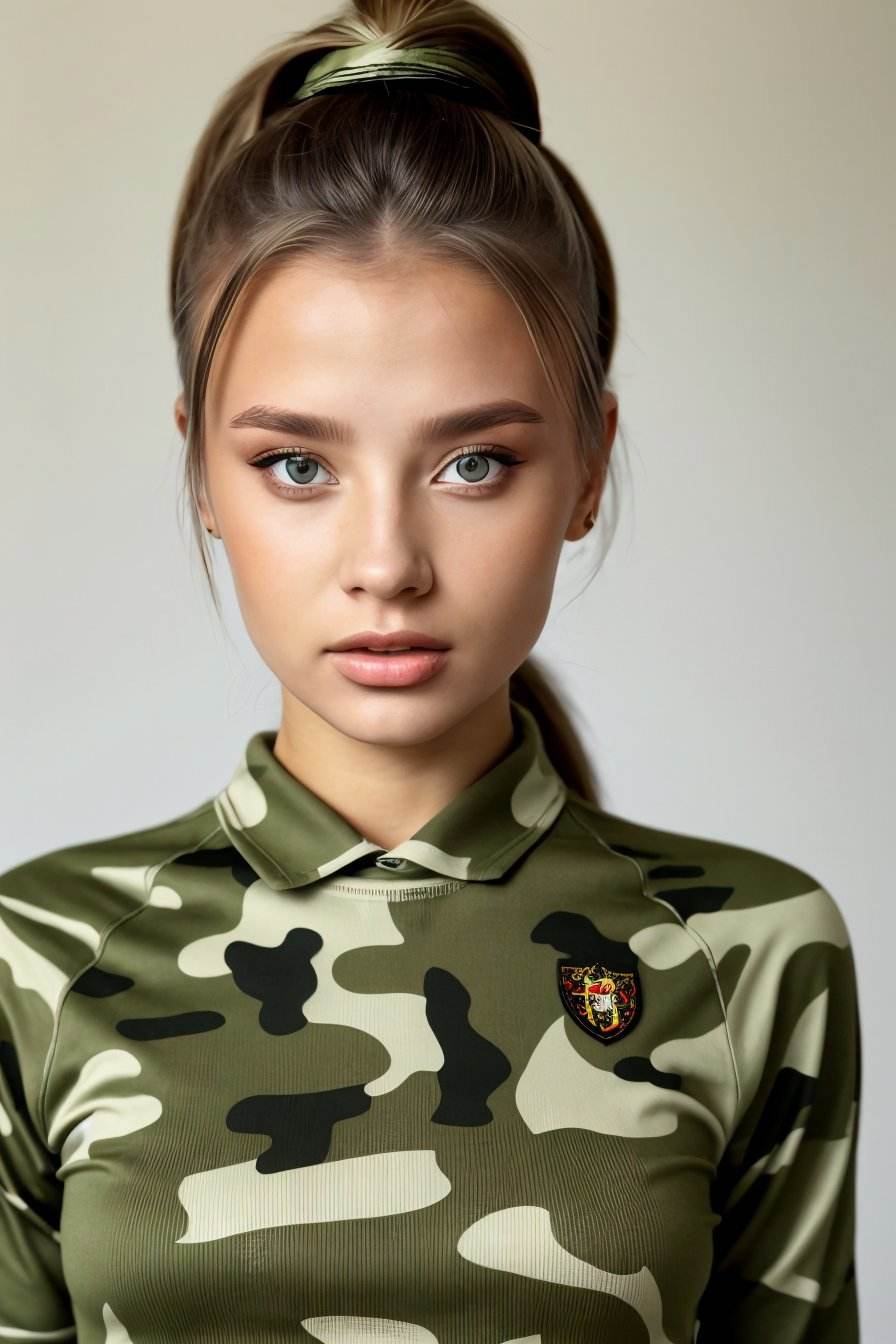 upper body photo of <lora:ViktoriaTishko_v1-000013:.9> ViktoriaTishko, focus on face, wearing camo , her hair is styled as bow ponytail,