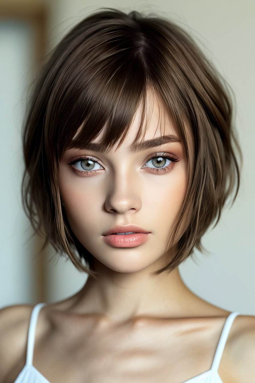 <lora:ViktoriaTishko_v1-000013:.9> ViktoriaTishko, focus on eyes, close up on face, Clay color hair styled layered bob with bangs hair