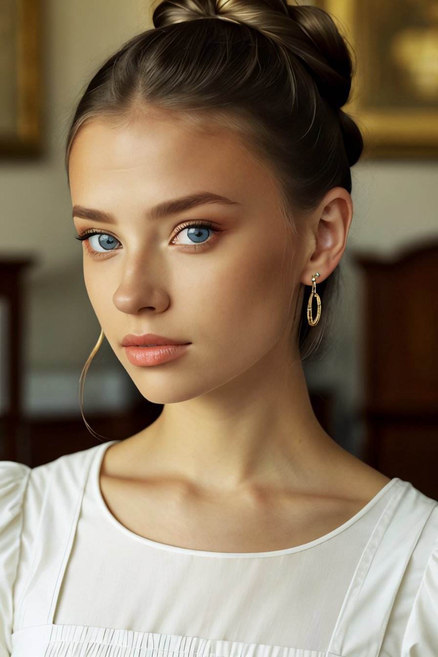 (eye level, closeup on face:1.2) photo of <lora:ViktoriaTishko_v1-000013:.9> ViktoriaTishko, she is wearing dirndl, she is wearing hoop earrings, her hair is styled as braided bun, BREAK she is (in the dining room:1.1), soft fill lighting, color filter, in the style of Tim Walker