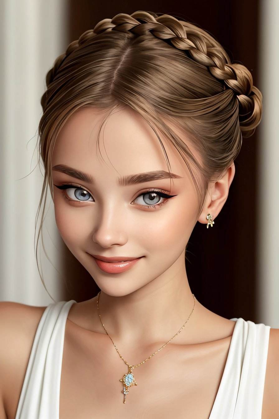 <lora:ViktoriaTishko_v1-000013:.9> ViktoriaTishko, focus on eyes, close up on face, smiling, wearing jewelry, hair styled high braided bun