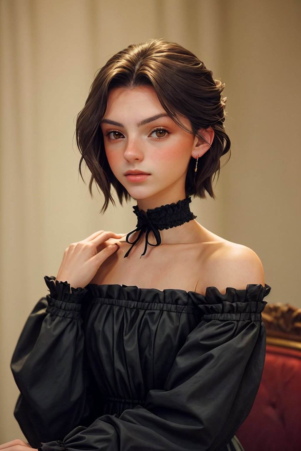 upper body photo of <lora:SavannahRaeDemers_v1:1> SavannahRaeDemers, focus on face, wearing victorian clothing , her hair is styled as choppy shoulder-length hair,