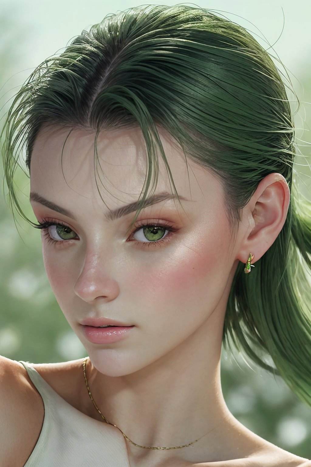 <lora:SavannahRaeDemers_v1:1> SavannahRaeDemers, focus on eyes, close up on face, wearing jewelry, mantis green color hair styled slicked-back hair