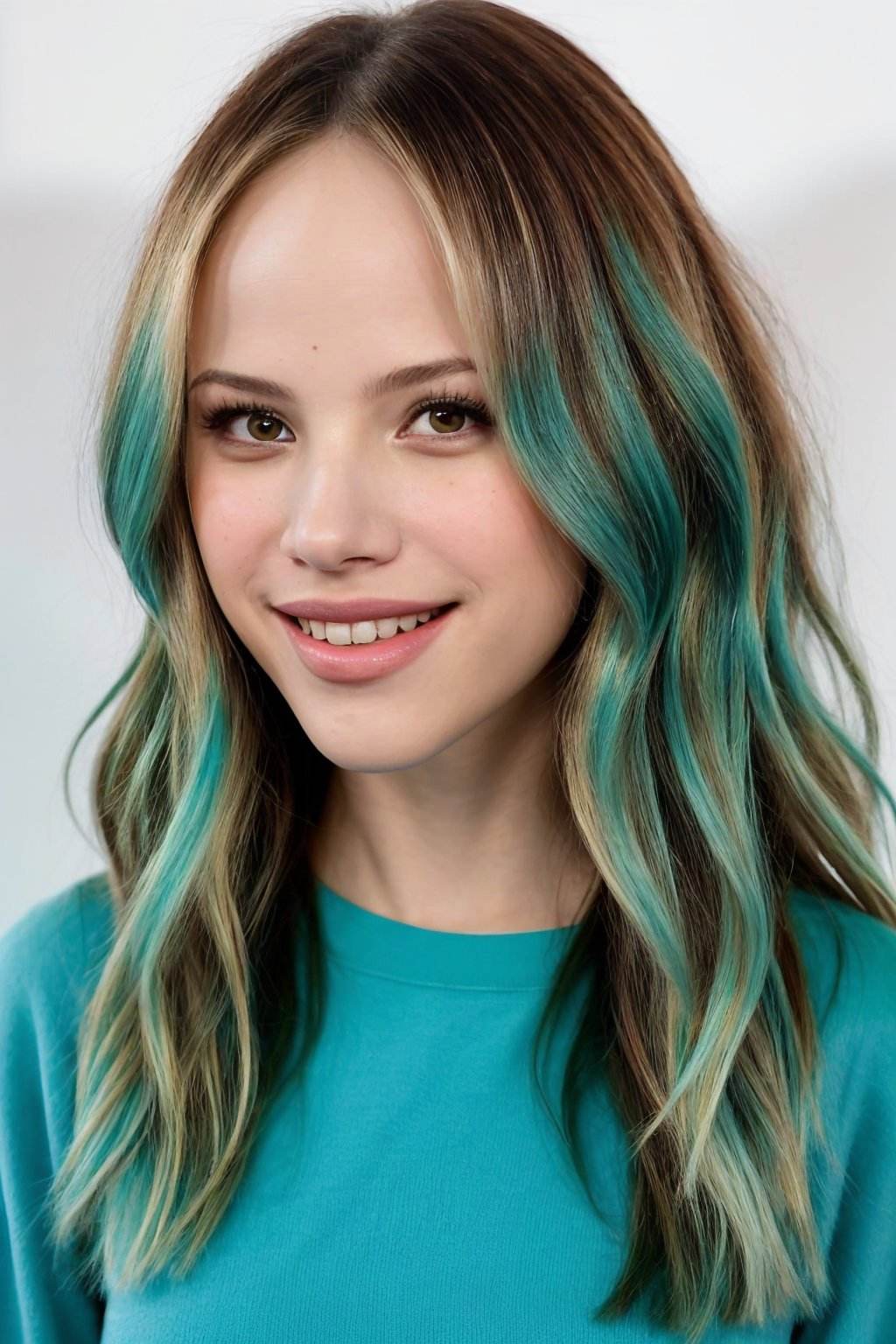 photo of <lora:HalstonSage_v1:1> HalstonSage, focus on eyes, close up on face, laughing, teal color hair styled messy half-up half-down