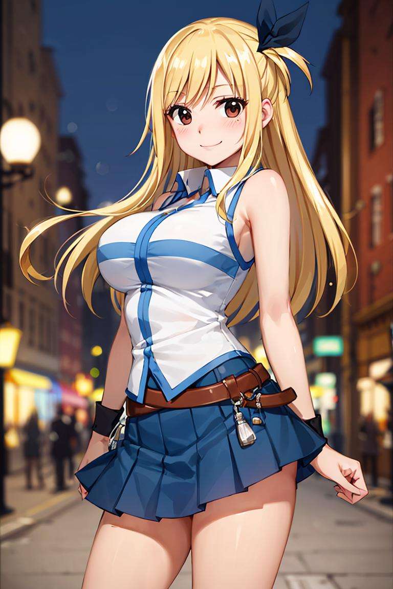 centered, award winning photo, (looking at viewer:1.2), | smile,  Lucy_Heartfilia, | | blushing, contrapposto, bokeh, depth of field, cinematic composition, | <lora:Lucy_Heartfilia_Anime:0.7>