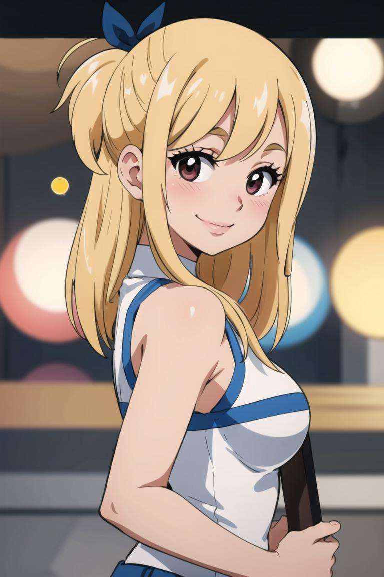centered, award winning photo, (looking at viewer:1.2), | smile,  Lucy_Heartfilia, | | head titled to side, blushing, bokeh, depth of field, cinematic composition, | <lora:Lucy_Heartfilia_Anime:0.8>