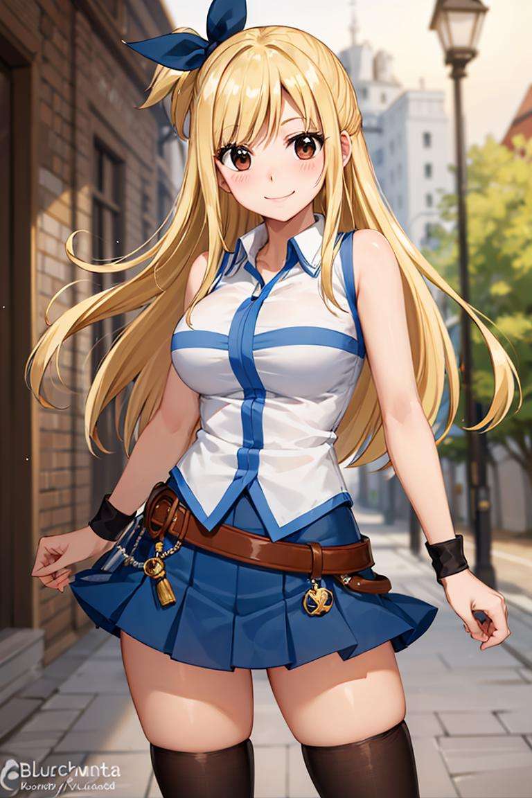 centered, award winning photo, (looking at viewer:1.2), | smile,  Lucy_Heartfilia, | | blushing, contrapposto, bokeh, depth of field, cinematic composition, | <lora:Lucy_Heartfilia_Anime:0.7>