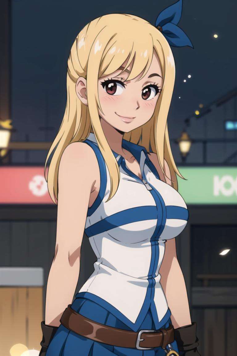 centered, award winning photo, (looking at viewer:1.2), | smile,  Lucy_Heartfilia, | | head titled to side, blushing, bokeh, depth of field, cinematic composition, | <lora:Lucy_Heartfilia_Anime:0.8>
