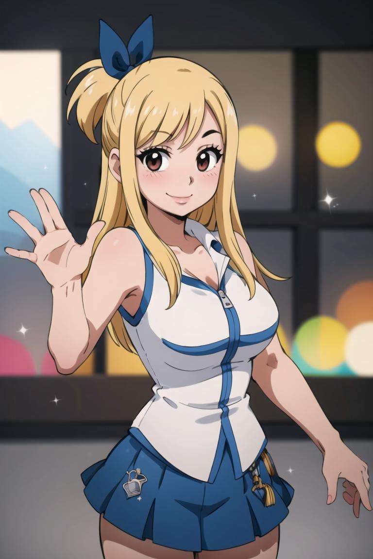 centered, award winning photo, (looking at viewer:1.2), | smile,  Lucy_Heartfilia, | | waving, blushing, bokeh, depth of field, cinematic composition, | <lora:Lucy_Heartfilia_Anime:0.8>
